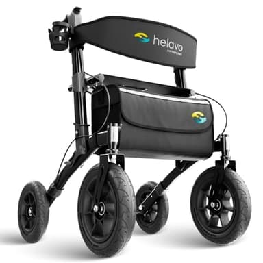 Helavo Outdoor-Rollator mit Luftbereifung - Faltbarer Rollator mit Sitz & Lehne für Draußen - Komfortable & stoßdämpfende 12"/10" große Räder - Gehhilfe für Waldwege, Gras & Strand