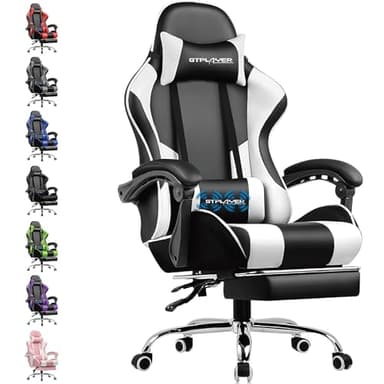 GTPLAYER Gaming Stuhl Bürostuhl Massage Gaming Sessel Ergonomischer Gamer Stuhl mit Fußstütze, Kopfstütze Massage-Lendenkissen, Gepolstert Gaming Chair, Drehsessel, weiß