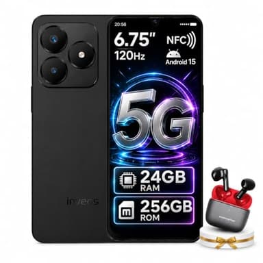 invens Note 5G Handy Ohne Vertrag + Bluetooth Kopfhörer, 24GB+256GB/1TB Android 15 Smartphone, 6,75 Zoll HD+ Display, 5280mAh 64MP+16MP, Dual SIM/Face ID/NFC/Fingerabdruck/3.5mm Jack/GPS/OTG