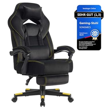 SONGMICS Gaming-Stuhl, Bürostuhl, Computerstuhl, ergonomisches Design, mit Fußstütze, verstellbares Kopfkissen, Lendenkissen, Tragkraft 150 kg, tintenschwarz OBG077B08