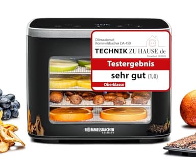 ROMMELSBACHER Dörrautomat DA 450, Dörrfläche 0,2 m², inkl. 5 Edelstahl-Dörrtabletts, 1 Dörrgitter, 1 Dörrunterlage, 2 Müsliformen, LCD-Display, 99 Std. Timer, Temperatur einstellbar (35 °C – 80 °C)