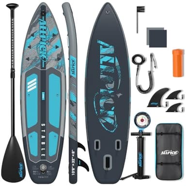ALLPICK Premium SUP Board Set, Stand Up Paddling Board Aufblasbar, Mit Universal Kamerahalterung, Komplettes Zubehör, Verstellbares Paddel, Anfänger, Fortgeschrittene,200kg,Graublau