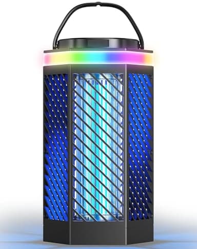 Regevo Elektrischer Insektenvernichter - 3 in 1 Mückenlampe mit UV-Licht, 8000mAh Akku, Weiß & RGB-Beleuchtung, IPX4 Wasserdicht, USB-C Wiederaufladbar, Mückenfalle für Camping, Garten, Draußen Innen