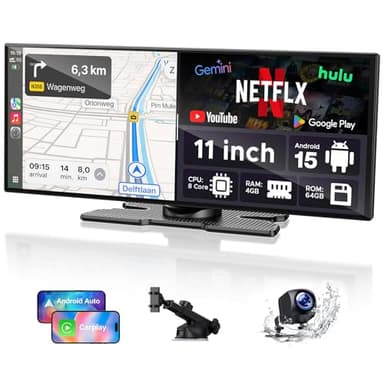LAMTTO 11 Zoll Wireless CarPlay Android Auto Display mit Gemini AI Android 15 Autoradio 8-Kern 4+64GB G00gle Play App Download Net-Flix YouTube Bluetooth 1080P Rückfahrkamera Online- und Offline-GPS