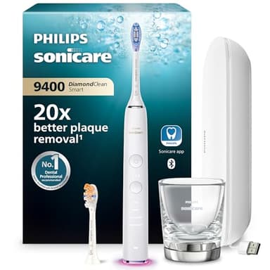 Philips Sonicare DiamondClean Smart 9400 elektrische Zahnbürste, Schallzahnbürste mit App, Drucksensor, Bürstenkopferkennung, 4 Putzmodi und 3 Intensitätsstufen, Weiß, Modell HX9917/88