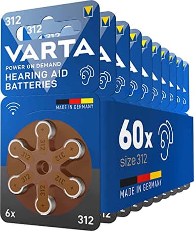 VARTA Hörgerätebatterien Typ 312 braun, Batterien 60 Stück Vorratspack, Power on Demand, wireless approved, Größe p 312 für Hörgeräte & Hörhilfen, Made in Germany