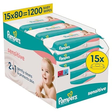 Pampers Sensitive Baby-Feuchttücher, 15 Packungen mit 80 Feuchttüchern,1200 Baby-Feuchttücher, 2-in-1 sanfte Reinigung & Hautschutz