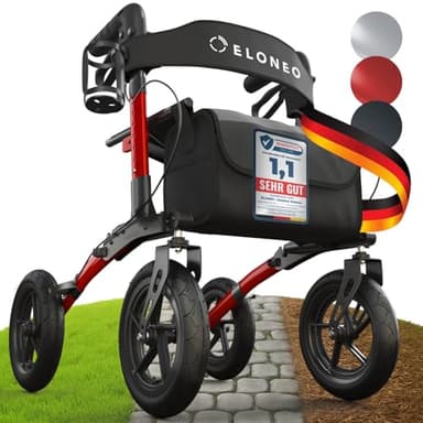 ELONEO Rollator faltbar und leicht mit Sitz, Outdoor Rollator mit Luftbereifung inkl. Sitzfläche, Rückengurt, höhenverstellbare Gehhilfe aus Aluminium inkl. Tasche und Stockhalter Rot