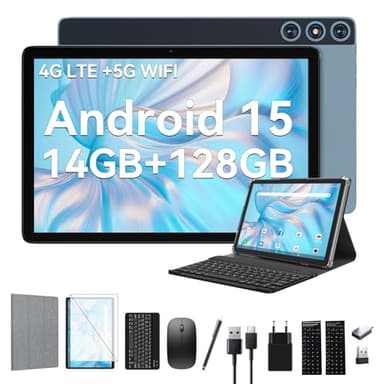 FEONAL Android 15 Tablet 10 Zoll, 4G LTE Tablets Mit 2 SIM 1 SD Slot, 5G WiFi Tablets PC Mit 14GB+128GB(1TBTF), 3-in-1 Tablet Mit Tastatur Maus-Octa-core, 1080FHD, 13MP+8MP, 7000mAh,GPS/OTG-Blau