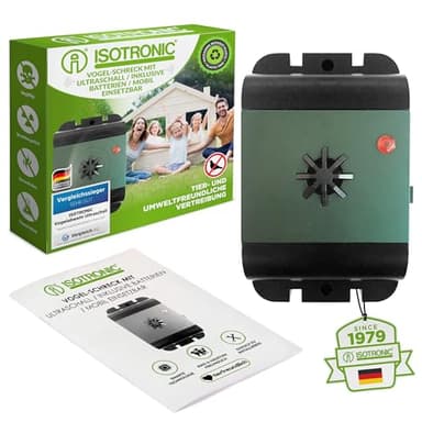 ISOTRONIC Ultraschall Vogelabwehr zum Vertreiben von Tauben, Spatzen, Möwen & Krähen – batteriebetriebener Vogelschreck für Balkon, Dach & Garten – Taubenabwehr mit 40m² Wirkungsbereich (1 Stück)