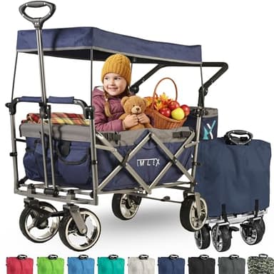 IMLEX Bollerwagen faltbar mit Dach IM-4268 Mitternachtblau | Hohe Stabilität, 1X 3-Punkt Gurtsystem | Handwagen klappbar mit Schiebegriff ideal für 2 Kinder