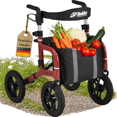 FabaCare Outdoor-Rollator mit Vollausstattung Feststellbremse, Leichtgewichtrollator, Aluminium-Rollator, Puma Air Luftbereifung, faltbar, abnehmbar Tasche Rückengurt Stockhalter, Getränkehalter, rot