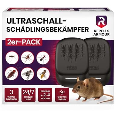 REPELIX ARMOUR Ultraschall-Schädlingsbekämpfer für Innenräume – 2 Pack – Deckt 140m² pro Gerät ab – 3 Modi – Vertreibt Mäuse, Ratten, Spinnen, Mücken, Ameisen, Insekten & Fliegen, PR-025 (Schwarz)