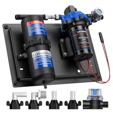 LumaBrite DC 12V Wasserdrucksystem - Wasserpumpe 12V Membranpumpe Selbstansaugende 7GPM 70 PSI und 1L 125 PSI Druckausgleichsbehälter Wohnmobil für Camping Gartenbewässerung, Boote
