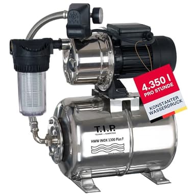 T.I.P. Hauswasserwerk HWW INOX 1300 Plus F – Edelstahl Druckkessel, 1200W, selbstansaugende Jet-Pumpe, 4350 l/h, 50m Förderhöhe, Vorfilter, wartungsfrei, Thermo-Überlastschutz