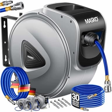 MASKO® Automatik Druckluftschlauch Aufroller 30m – Schlauchtrommel mit 1/4" Anschluss, Schlauchaufroller, Wandhalterung, Tragegriff, 180° schwenkbar, Schlauchbremse, vormontiert & sofort einsatzbereit