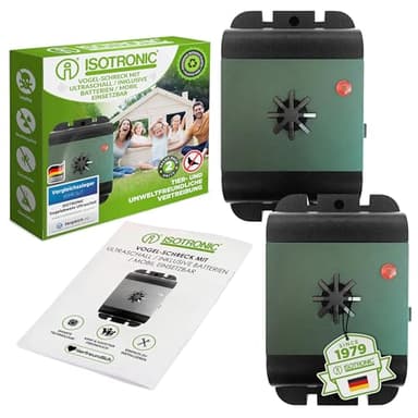 ISOTRONIC Ultraschall Vogelabwehr zum Vertreiben von Tauben, Spatzen, Möwen & Krähen – batteriebetriebener Vogelschreck für Balkon, Dach & Garten – Taubenabwehr mit 40m² Wirkungsbereich (2 Stück)