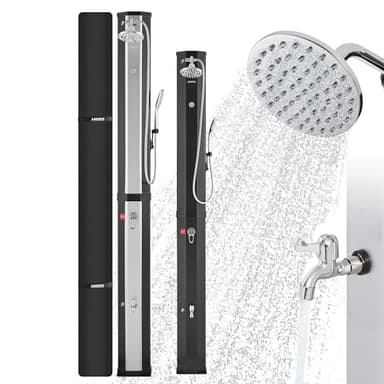 Arebos Solardusche 60 L | mit Handbrause & Thermometer | Wassertemperatur bis zu 60°C Pooldusche Camping | runder Duschkopf | Snap-In Technologie | Inkl. Abdeckhaube | Silber