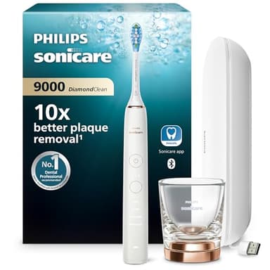 Philips Sonicare DiamondClean 9000 elektrische Zahnbürste, Schallzahnbürste mit App, Drucksensor, 4 Putzmodi, 3 Intensitätsstufen, Ladeglas und USB-Reiseetui, Roségold, Modell HX9911/94