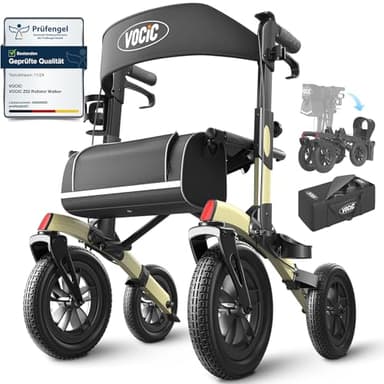 VOCIC Rollator Faltbar und Leicht mit Sitz,Outdoor Rollator mit Gummi-Nonluftbereifung für Allen Gelände,Aluminium Höhenverstellbare Rollatoren für Draußen&Langlauf&Reisen,Champagner(5 Jahre Support)