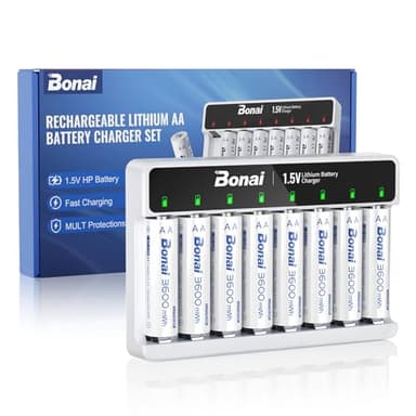 BONAI Wiederaufladbare Lithium AA Batterien 8 Stück 1,5V 3600mWh Hohe Kapazität AA Akku mit Ladegeräts Stunden Schneller AA AAA Lithium Batterie für Outdoor Camera, Smart Lock, Taschenlampen usw