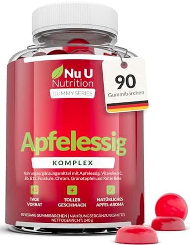 Apfelessig Gummibärchen 1000mg mit Mutter - 90 Vegane ACV Gummibärchen mit Vitamin C, B12, B6, Folsäure, Granatapfel & Rote Bete - Nu U Nutrition