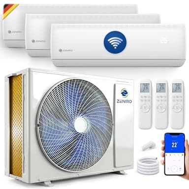 ZENIRO Multi Split Klimaanlage 3 Innengeräte Set (3 x 3,5kW) Klimagerät Air Conditioner mit Heizfunktion 27000 BTU 5,3kW A++ WiFi/App-Steuerung 4D AirFlow Heizen bis -20°C Vorgefüllt R32