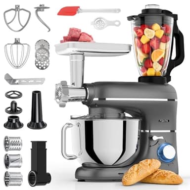 Fentic 6-in-1 Küchenmaschine – 2000W – Mit Fleischwolf, 1,5L Entsafter, Gemüseschneider und Mehr – Knetmaschine mit 6,2L Rührschüssel, Rührhaken, Knethaken, Schlagbesen und Spritzschutz (Anthrazit)