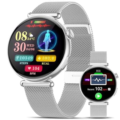 2026 Neu Smartwatch Damen mit EKG/ΒΙυtｚυcker/Blutdruckmessung, 1,32"AOD Gesundheitsuhr mit AI-Zifferblatt &AI-Smart-Q&A,Bluetooth Anrufe/SpΟ₂/Aρnοe/Schlaf/Puls/HRV/BMI/Stress, Klein Runde Fitnessuhr