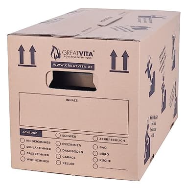 GreatVita Umzugskartons 5 Stück 2‑wellig, extra stabil bis 40 kg, 600 x 330 x 350 mm, recycelte Pappe, schnell aufbauend ohne Klebeband, moving boxes sowie archivbox mit verstärkten Tragegriffen