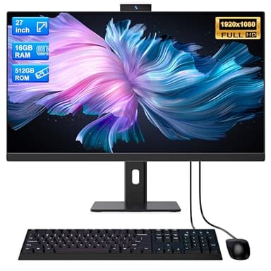 SUKOTOP All-in-One-PC Desktop-PC 27 Zoll Quad-Core N95 (bis zu 3,4 GHz) 512 GB SSD 16 GB RAM mit Webcam, All-in-One-PC unterstützt drehbares Display, Dualband-WLAN, Bluetooth 5.3, Schwarz