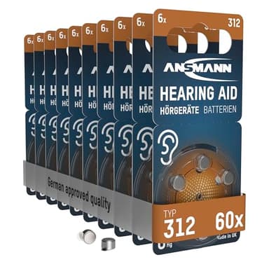 ANSMANN Hörgerätebatterien 312, 60 Stück, Batterien Typ 312 P312 ZL3 PR41, braun, Zink-Luft, Sparpack, Batterien für Hörgeräte & Hörhilfen, 1,45V, Hearing Aid Batteries 312, leicht greifbar