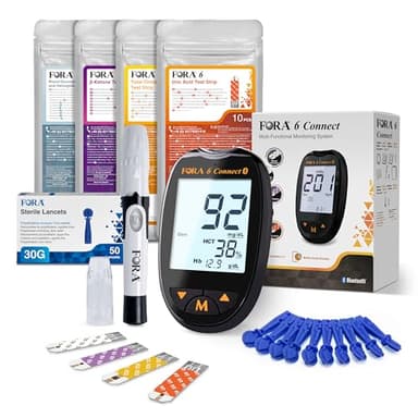 FORA 6 Connect | 4-in-1 Blutzucker-, Keton-, Cholesterin-, Harnsäure-Messgerät | Für die Selbstanwendung zu Hause | Bluetooth & App | Inkl. Teststreifen & Zubehör, Schwarz