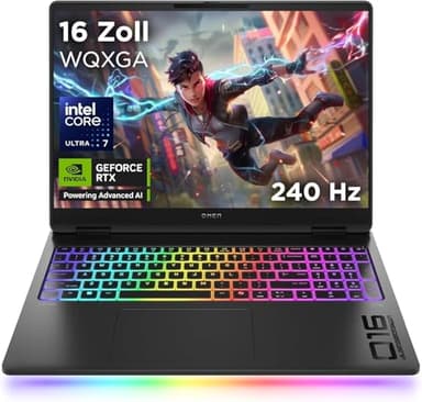 HP Omen MAX Gaming Laptop, 16" 2.5K WUXGA Display 240Hz, Intel Ultra 7-255HX (20C) 13 NPU Tops, NVIDIA GeForce RTX 5070 Ti 12GB VRAM, 32 GB DDR5 RAM, 1 TB SSD, Win 11, QWERTZ, RGB, Alu Schwarz