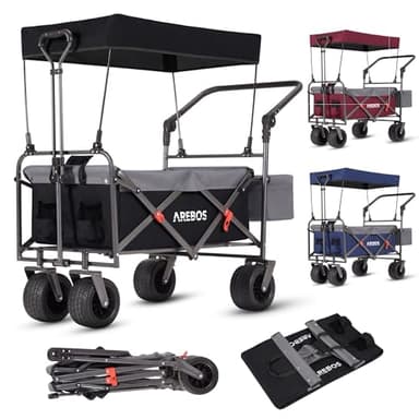 Arebos Bollerwagen faltbar mit Dach | Luxus Handwagen | Faltwagen | Transportwagen | XXL Tasche | klappbar | bis 100 kg | Gerätewagen | 360° Vorderräder | Schwarz