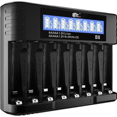 IMREN Akku Ladegerät AA AAA, 8 Slots 1.2V NiMH/NiCD 1.5V Lithium AA/AAA Batterien Ladegerät, 5V 2A Typ-C Schnelles Intelligentes Akkuladegerät mit LCD Display
