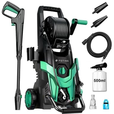 Hochdruckreiniger 180 Bar, 6-in-1-Düse, Fördermenge: 420l/h, Flächenleistung: 50m²/h, Wassersparend, mit 500ml Schaumkanone und Schlauchtrommel, Autos und Einfahrten
