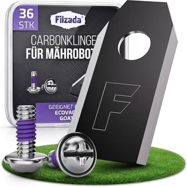 Filzada® 36x Mähroboter Messer Carbon inkl. Schrauben - kompatibel mit Ecovacs Mähroboter Klingen - Rasenmäher Klingen geeignet für Ecovacs Goat Messer KO1200 Lidar Pro, O800 Rtk, Goat G1-800 uvm.