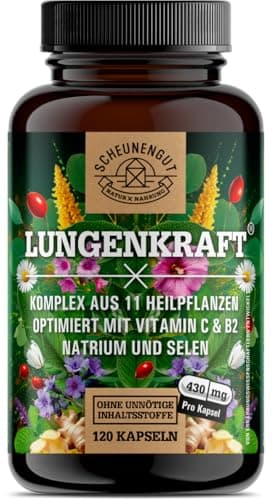 LUNGENKRAFT® Lungenkraut Kapseln Stark - WICHTIG: Laborgeprüfter Markenkomplex mit Lungenkraut, Ingwer,Hagebutte,Isländisches Moos,Selen,Salbei uvm. 120Stk DE SCHEUNENGUT®