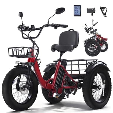 NOMOGO Elektro-Dreirad Für Erwachsene Aluminium Faltbares E-Bike,48V 15.6Ah Akku,7 Gang Elektrofahrrad 25 km/h und 90–110km Reichweite 20”x4” Fat TiresVorder&Differenzial Rot