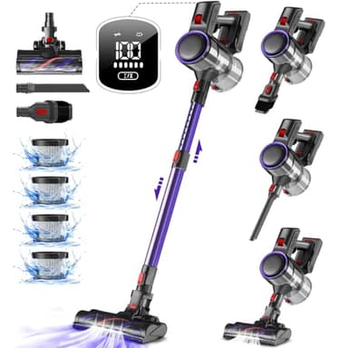 Authmic Akku Staubsauger Kabellos, 45000Pa Kabelloser Staubsauger mit Touchscreen, 50Mins, 1.6L, H13 HEPA, Anti-Tangle-Bürste, für Hartböden/Teppich/Tierhaare, Dunkellila