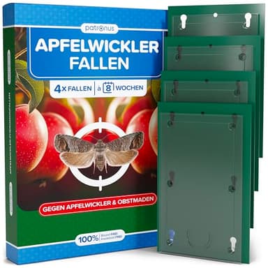 Apfelwickler Pheromonfallen [4 Stück] für wurmfreie Äpfel - Pheromonfalle Apfelbaum mit starkem Lockstoff, Monitoring-Obstmadenfalle wetterfest & unauffällig für Apfelbäume & Obstgärten
