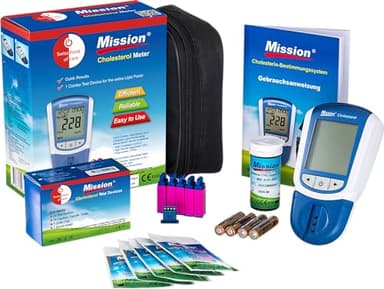 Swiss Point Of Care Mission 3 in 1 Cholesterin Messgerät im Starterpack | 1 Mission Cholesterol Meter, 5 Cholesterin Teststreifen, 5 Kapillarröhrchen, 5 Stechhilfen | genaue Cholesterinmessung