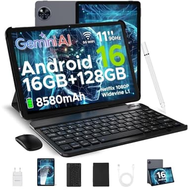 DOOGEE U11 Android 16 AI Tablet 11 Zoll, 16GB+128GB (2TB TF) Gaming Tablets, T7200 Octa Core, 8580mAh, Gemini AI, WiFi 5, 90Hz Display, 13MP+5MP, Tablet mit Tastatur, Maus,Stift,Hülle und Schutzfolie
