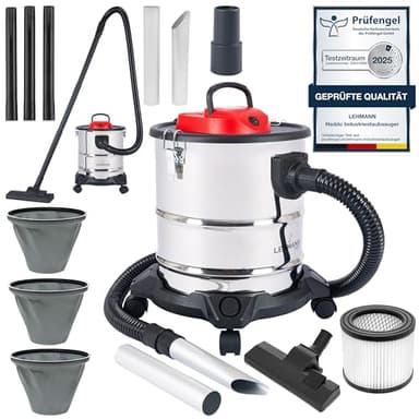 LEHMANN Haddo Industriestaubsauger 2000W | Aschesauger für Kamin mit Doppelfilteranlage | Kaminsauger Ascheschlucker | Nass Trockensauger mit 20 Liter Edelstahltank, Silber