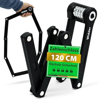 WIDDER 120cm Extrem Sicheres Fahrradschloss Zahlenschloss [Titan-Stahl Level 15] - 120 cm Faltschloss Fahrrad Zahlen Schloss mit Halterung - e Bike Lock & e Scooter Schloss mit Zahlencode