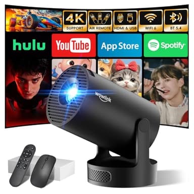 Mini Beamer Unterstützt 4K 1080P, Projektor Tragbarer mit WiFi 6 und Bluetooth 5.4, Beamer Klein Projektor Auto Keystone 180°Dreh Kompatibel mit HDMI/TV Stick/Memory Stick/Laptop, Schwarz