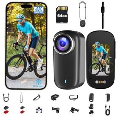 Action Cam, Bodycam 4K mit 64GB Karte, Actionkameras WiFi mit Display, 1200-mAh-Akku Mini Cameras, Magnetisch & Clip Actioncam Wasserdicht IP65 für Helmkamera Motorrad, Loop-Funktion Dashcam Fahrrad