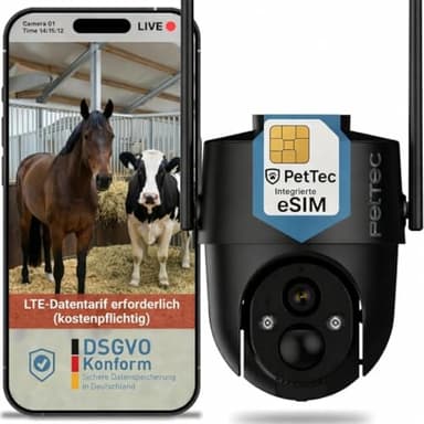 PetTec PetCam Free'n 360 4G LTE Kamera OHNE WLAN [LTE-Tarif kostenpflichtig] – Akku Outdoor Kamera für Stall, Pferd, Weide & Camping, 360° schwenkbar, Nachtsicht, Bewegungserkennung, IP65