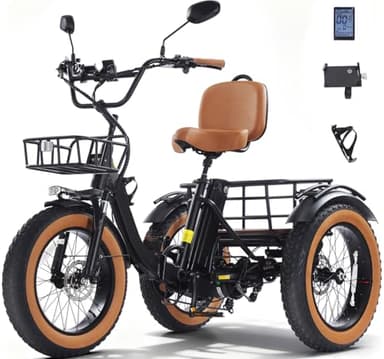 KAKIGO Elektro-Dreirad Für Erwachsene,20”x4” Fat Tires,Aluminium Faltbares E-Bike,250W Motor,65 Nm,48V 15.6Ah Akku,20 Km/h, Vorder-&Hinterkorb,Differenzial,90Km Reichweite